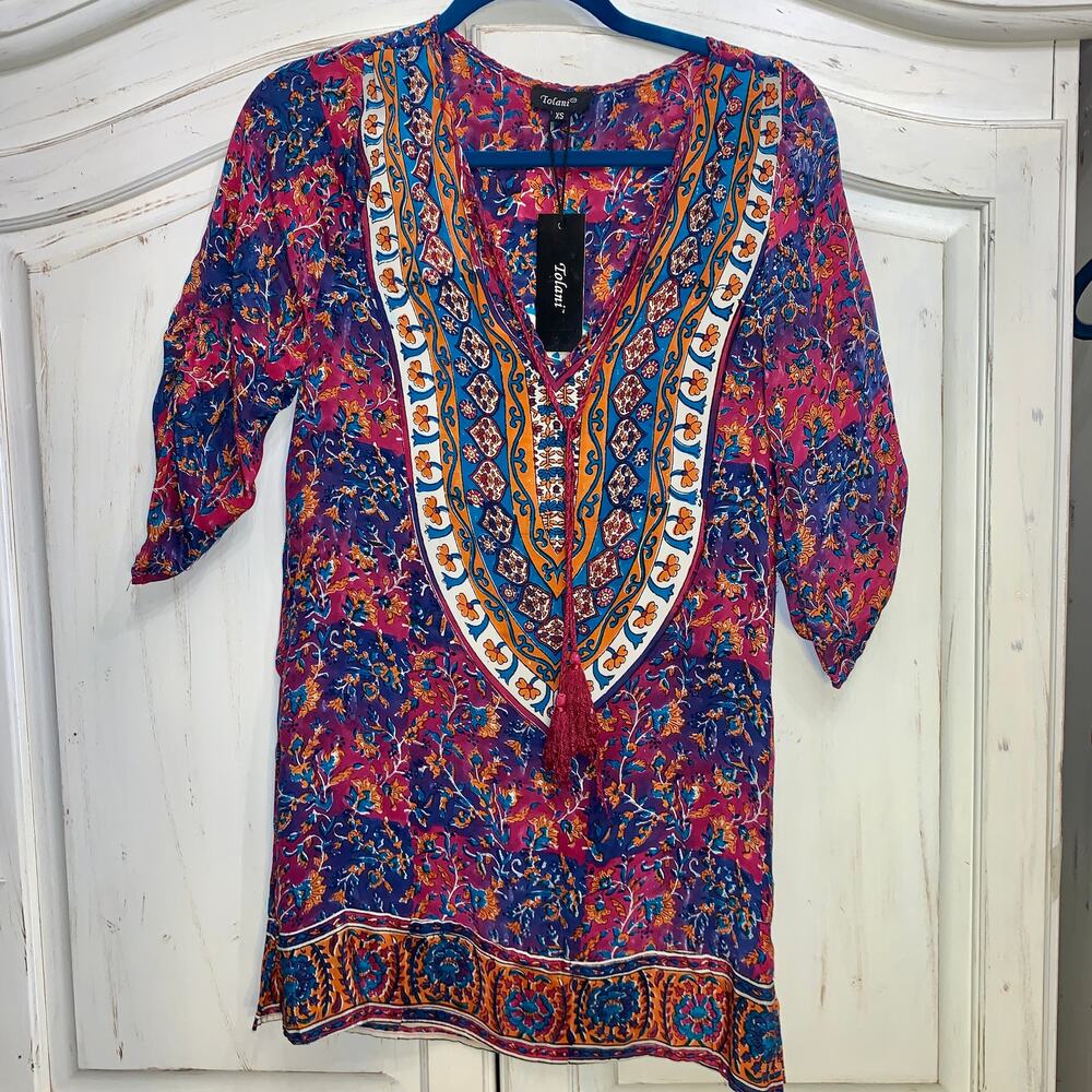 NWT TOLANI 100% SILK MANDALA TUNIC DRESS CAFTAN BOHO HIPPIE